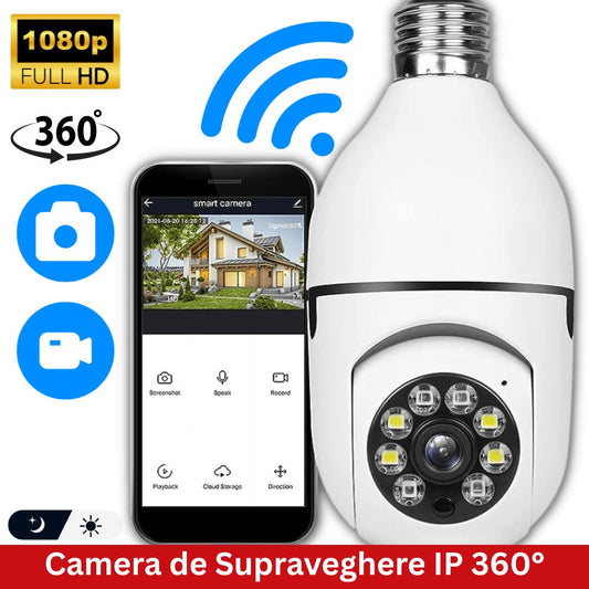 Camera de Supraveghere 360° WI-FI Ultra-HD, viziune nocturna, se conectează la priză ca un bec